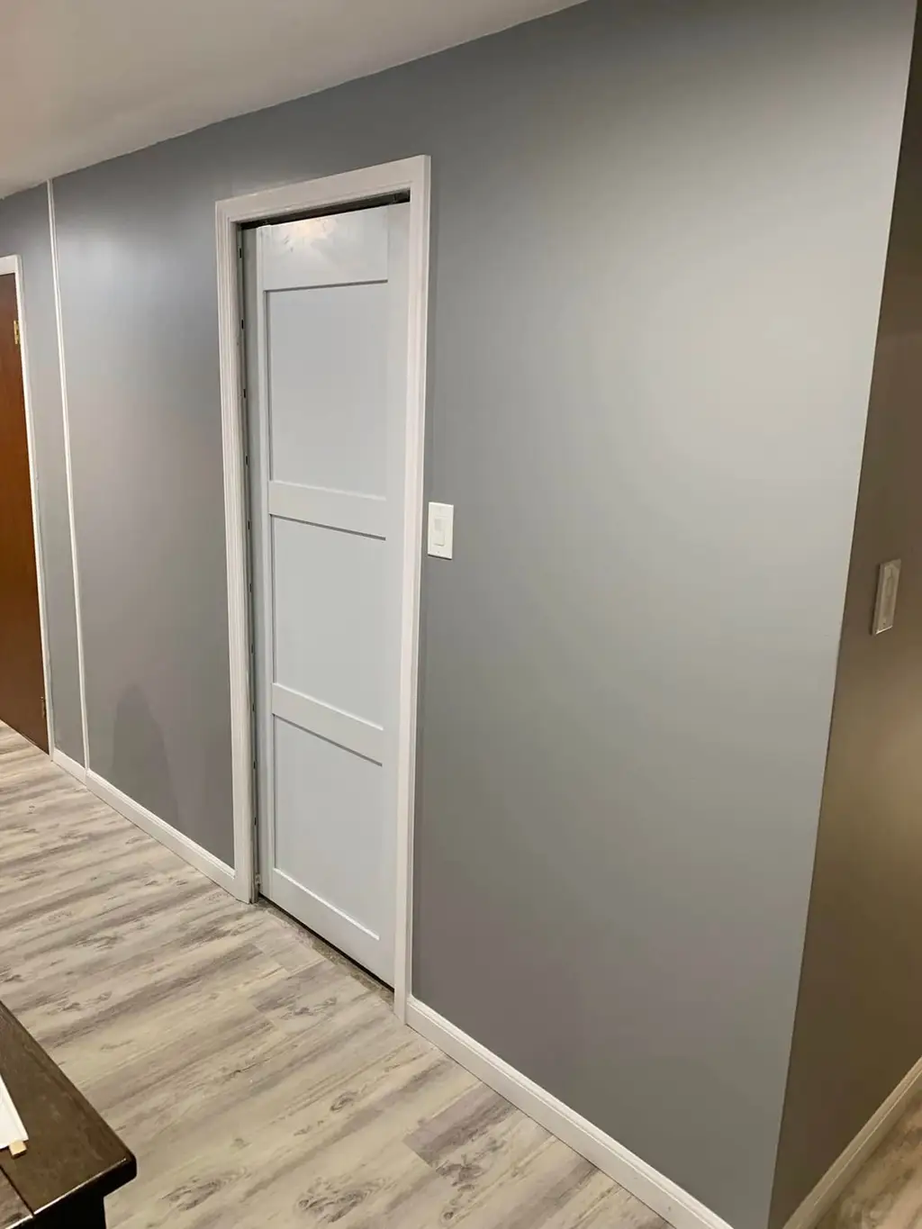 Framed closets and a laundry nook finished with a utility sink, new doors and painted hallways throughout the basement.