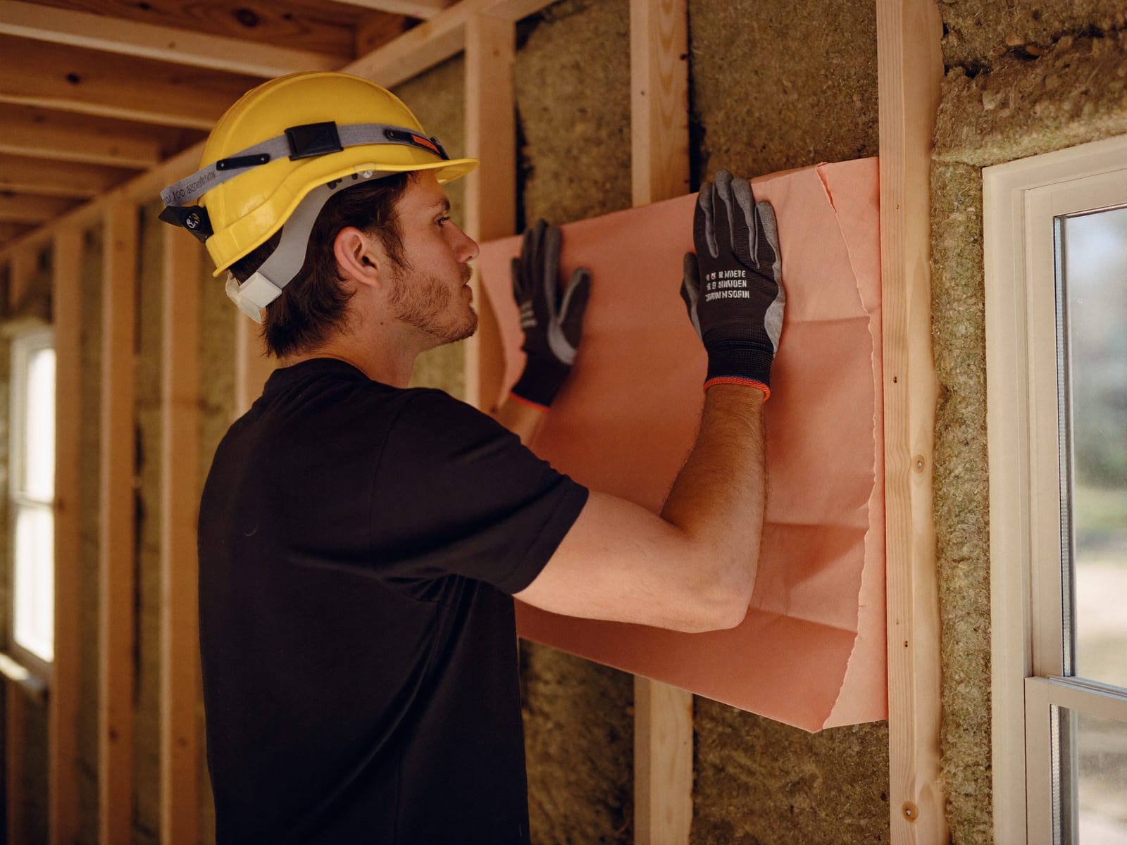 Contractor in a hard hat and gloves installing insulation between wall studs